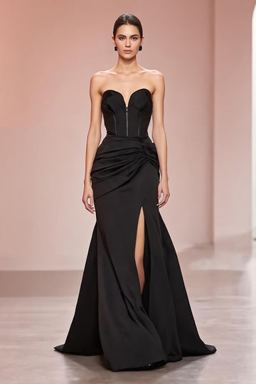 Black Mermaid Satin Sweetheart Long Formal Dress with Slit
